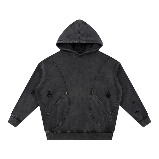 Snow Washed Distressed Panel Pocket Hoodie