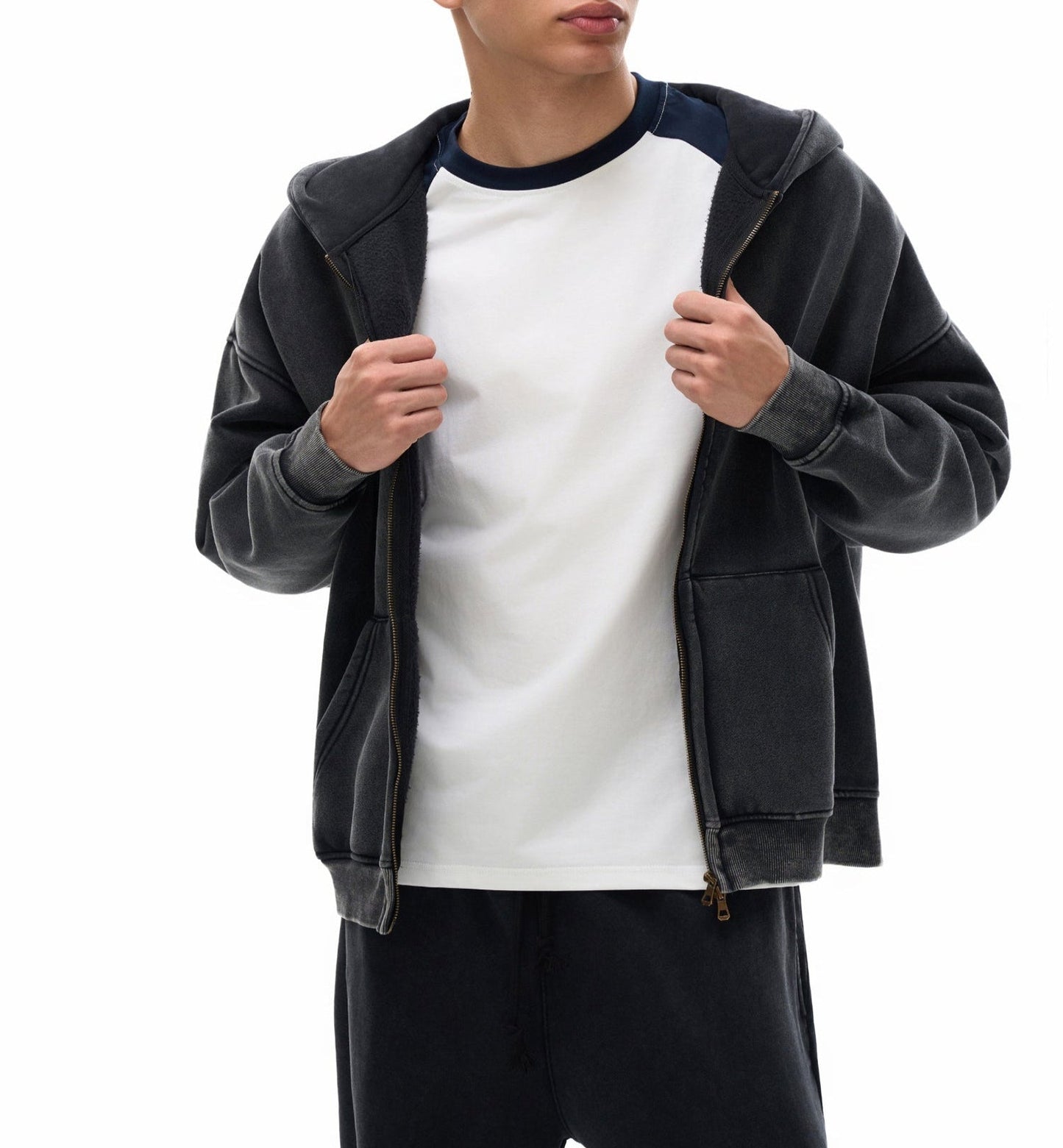 Snow Washed Zip-Through Fleece Hoodie