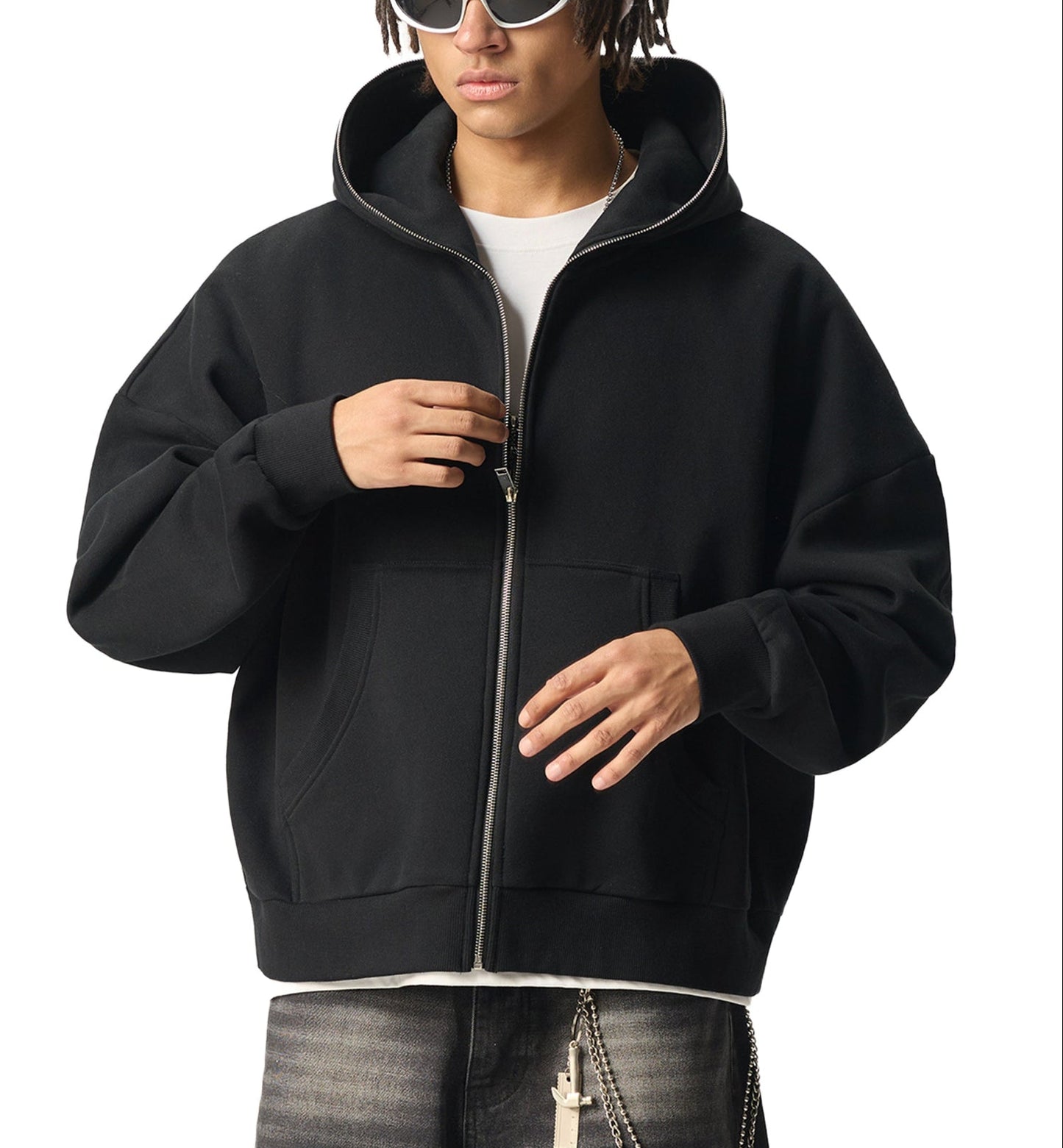 Fleeced Full-Zip Boxy Hoodie