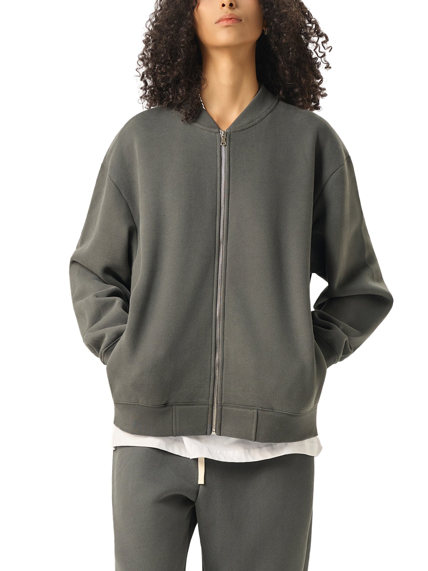 Essential Zip-Up Fleeced Varsity Jacket