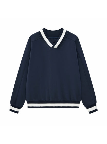 V-Neck Contrast Collar Boxy Sweatshirt