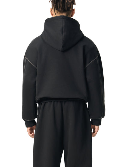 Contrast-Stitched Boxy Fleece Hoodie